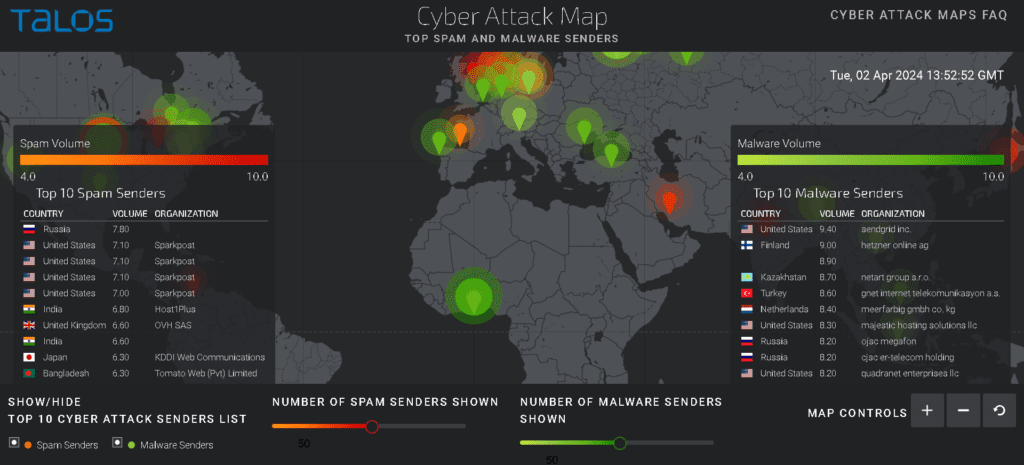نقشه تهدیدات سایبری تالوسِ سیسکو ( Cisco Talos Threat Map)