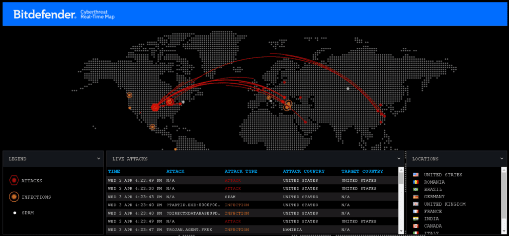 نقشه زنده تهدیدات سایبری بیت‌دیفندر (Bitdefender live cyber threat map)